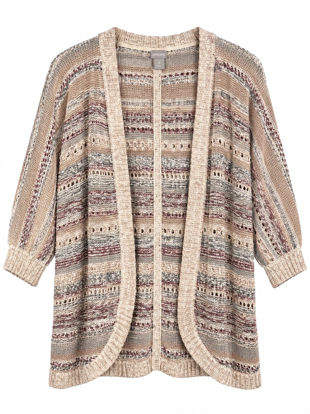 Chicos Womens Size 0 XS Striped Open Front Cocoon Cardigan Crochet Knit